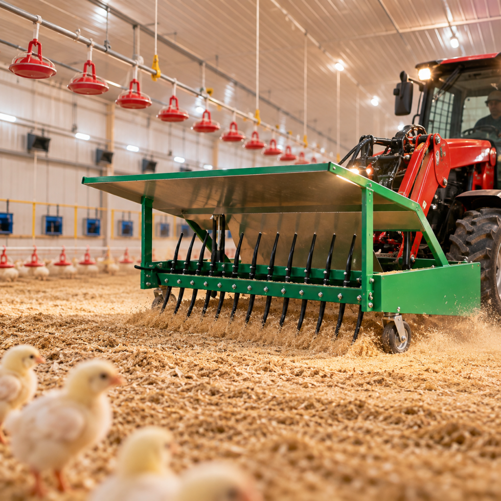Rotary Fork attachment preparing and leveling poultry bedding inside a modern poultry barn.