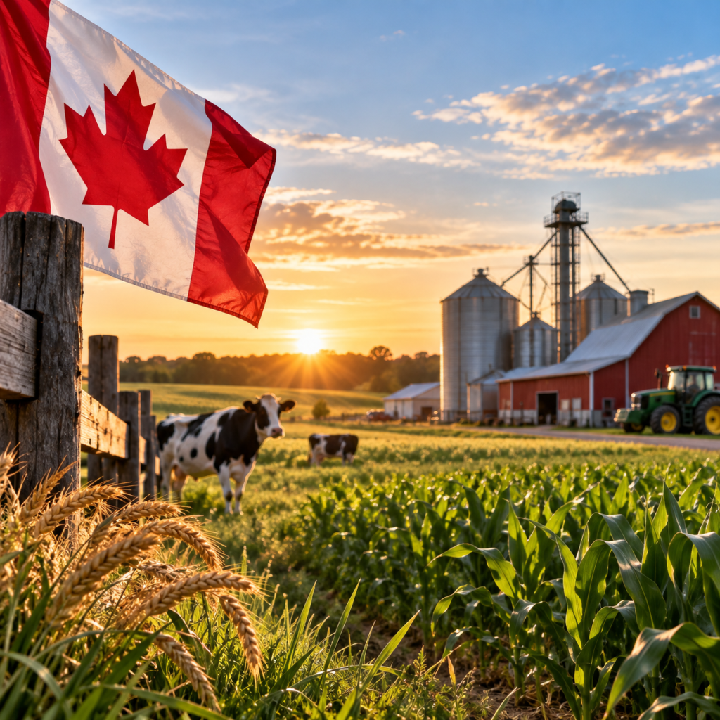 Canadian flag overlooking a farm with dairy cattle, corn and wheat fields, grain silos and agricultural equipment at sunset.