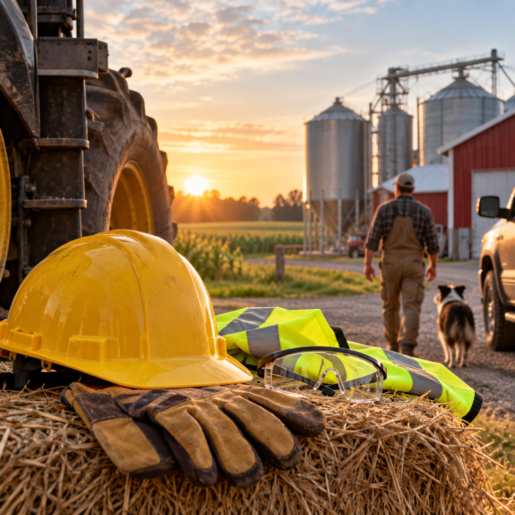 Farm safety equipment including a hard hat, safety vest, gloves and protective eyewear at a Canadian farm.