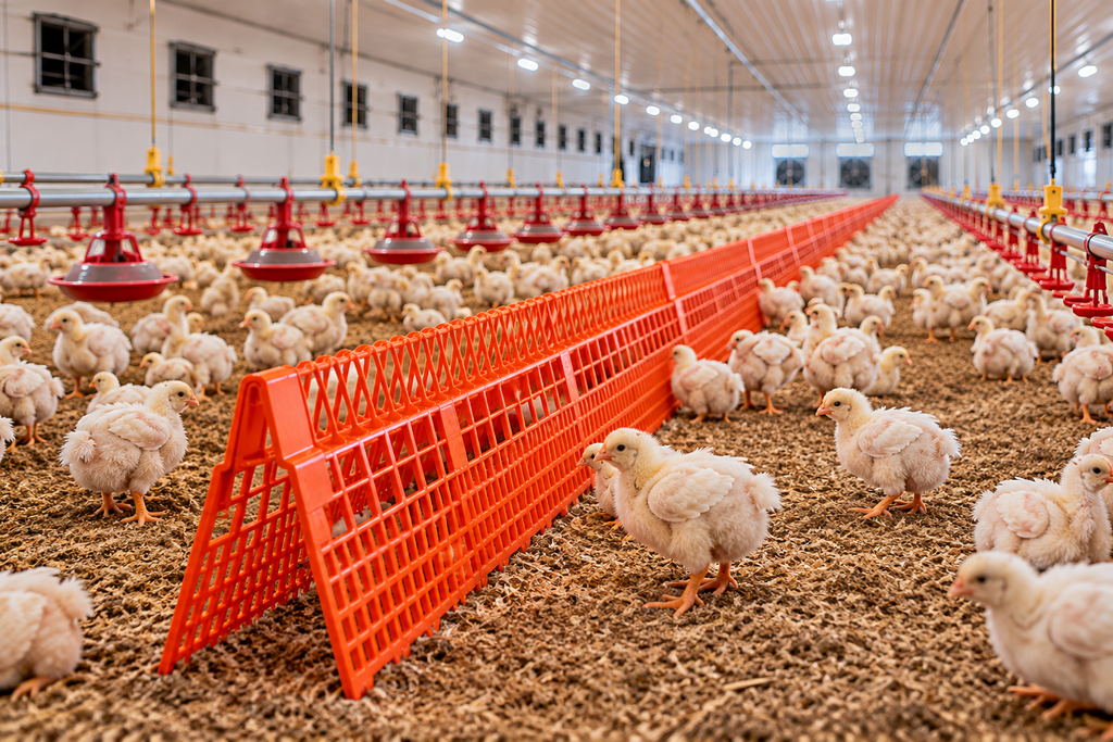 Orange A-shaped anti-migration fences positioned throughout a modern broiler barn with young chickens, feeding lines and watering equipment.