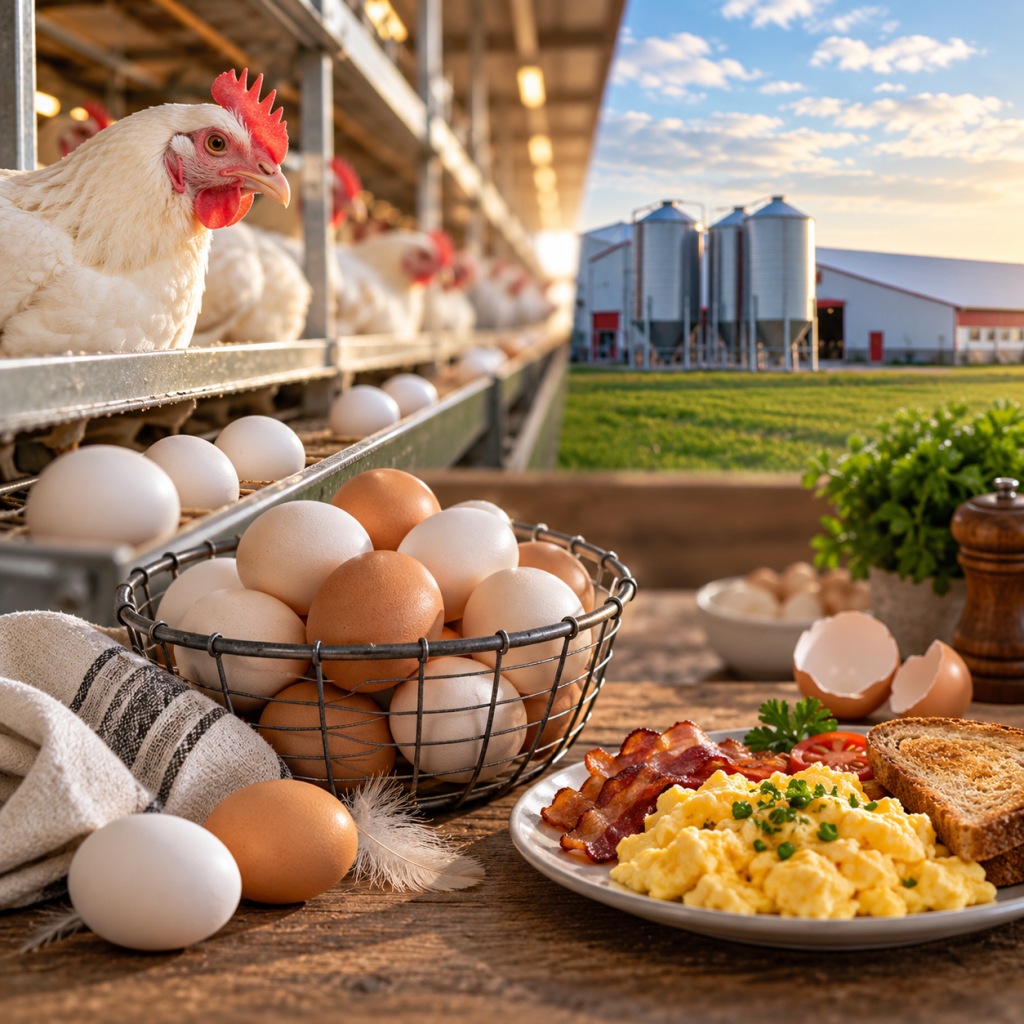 Fresh eggs from a modern poultry farm displayed with a breakfast meal, representing the journey from farm to table