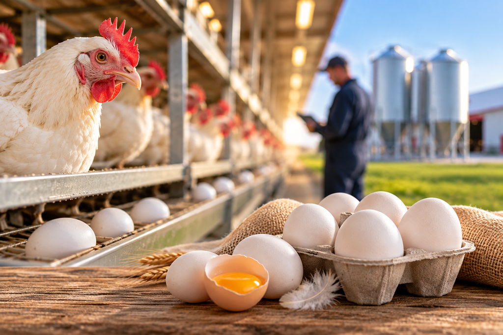 Celebrating National Egg Day: From Farm to Table 1 Fresh eggs in a carton and on a table inside a modern poultry farm, with hens and egg production equipment in the background.
