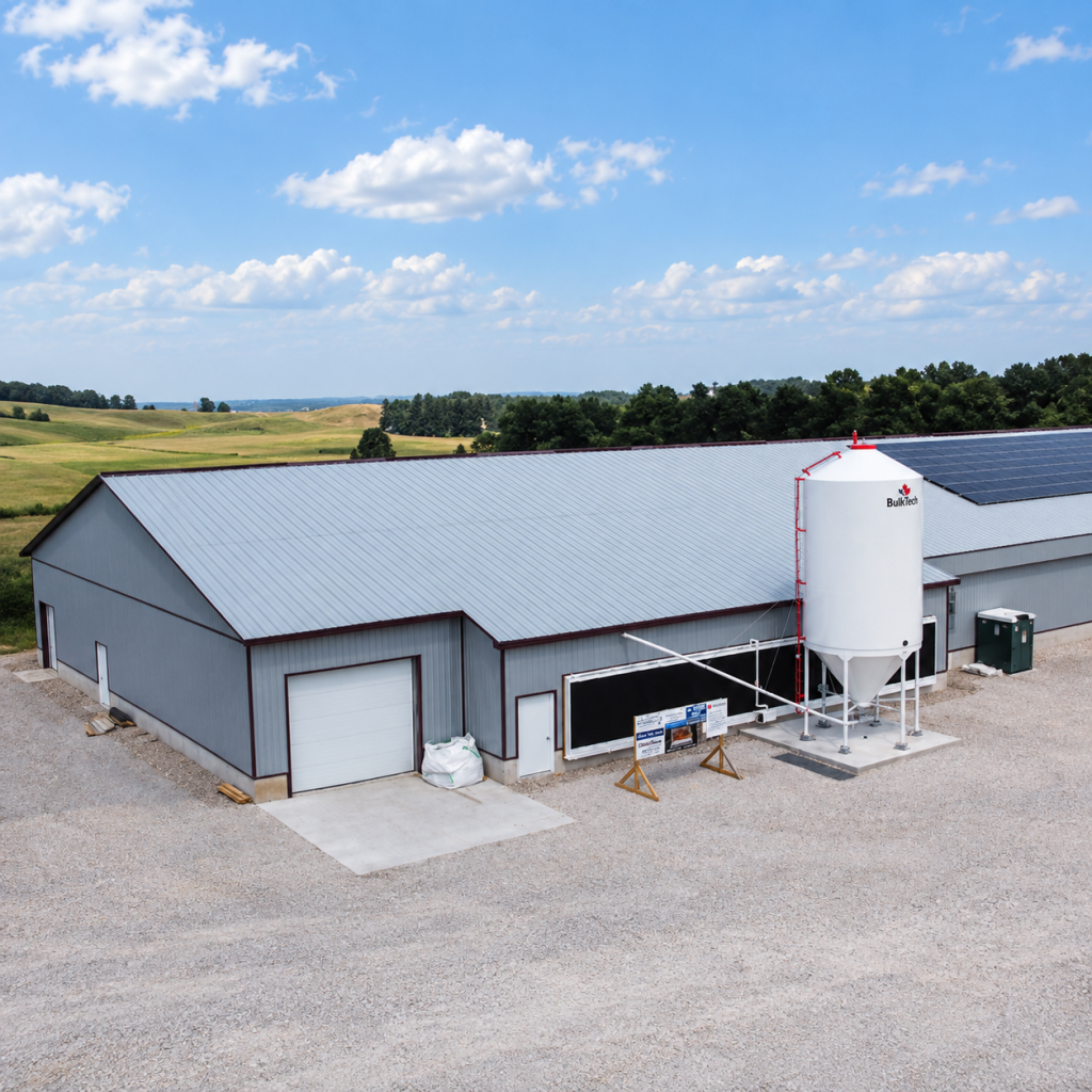 Aerial view of the Neeb Haven poultry barn in New Hamburg, Ontario, featuring a BulkTech feed bin and modern barn construction
