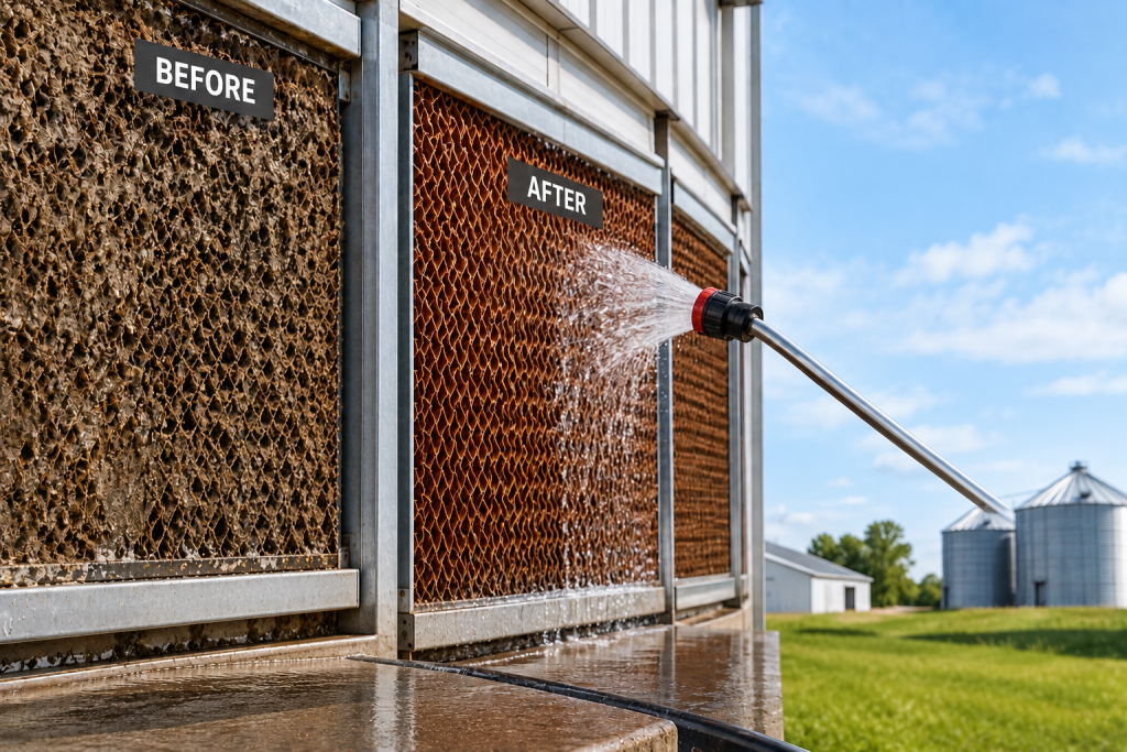 Agricultural cooling pads being cleaned with water to remove mineral buildup and improve cooling system performance.