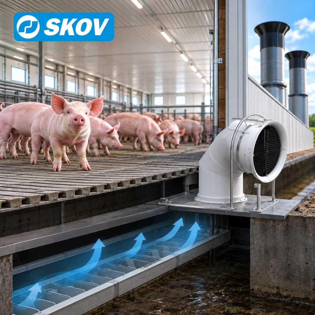 SKOV pit fan ventilation system installed in a deep-pitted pig barn to improve airflow and air quality.