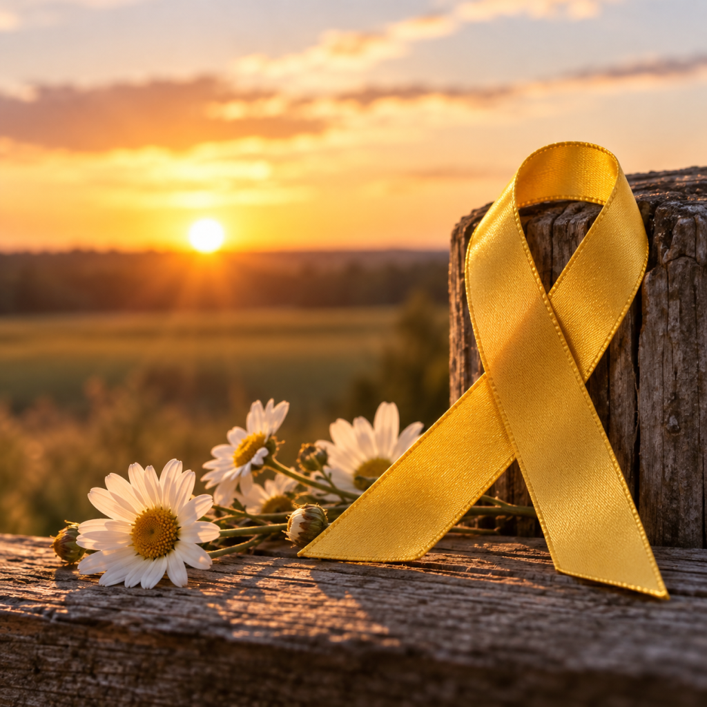 Gold childhood cancer awareness ribbon beside white flowers at sunset, representing remembrance and hope in loving memory of Katherine.