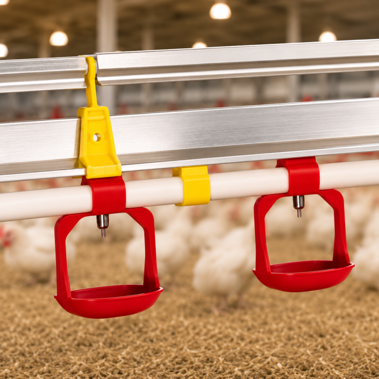 Breeder watering system with red drinker cups and nipple drinkers
