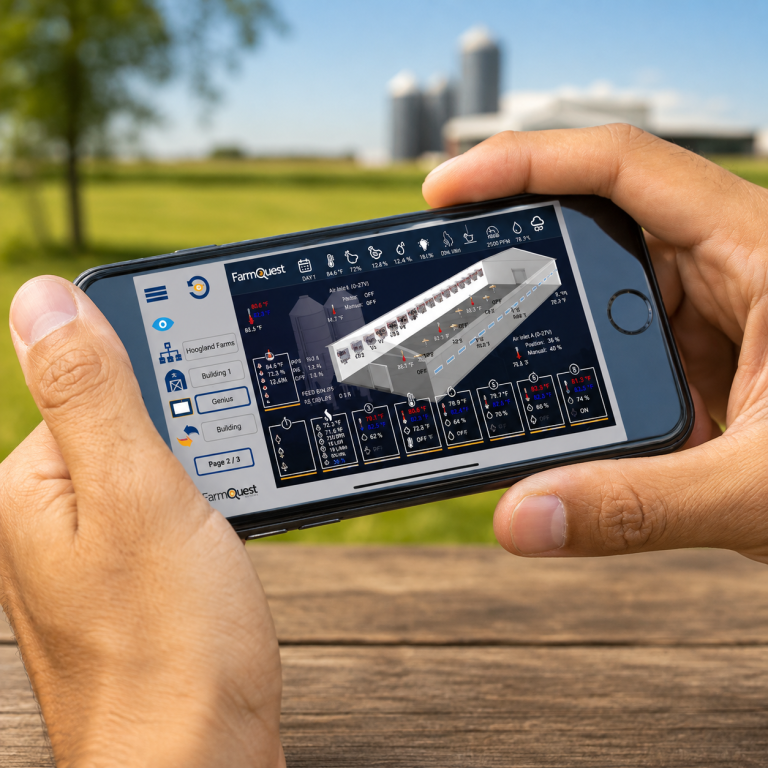 FarmQuest remote monitoring app on smartphone for poultry barn climate control