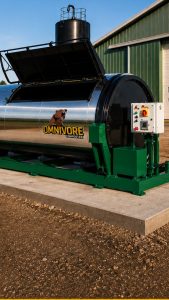 Omnivore Composter stainless steel agricultural composting equipment at a farm