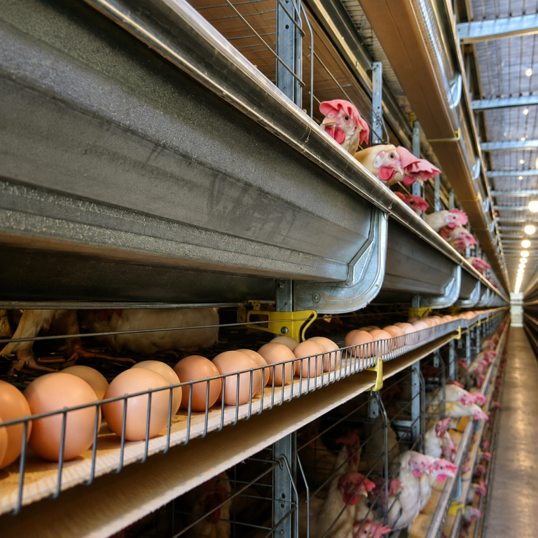 M-MEU Series laying cage system with hens and egg collection conveyor