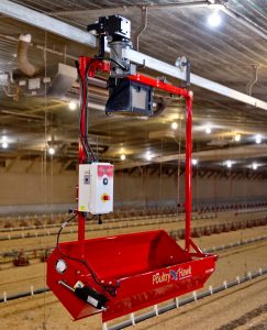 Poultry Hawk automated trolley with red transport basket on overhead rail system
