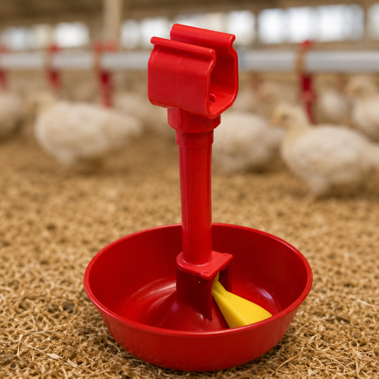 Turkey watering system with red drinker cup for reliable water access