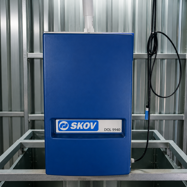 SKOV DOL 9940 feed weigher installed in a livestock feeding system