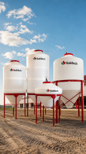 BulkTech poly-tanks for agricultural feed storage with hopper bottoms and support legs