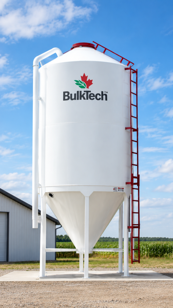 Bulktech steel storage bin with hopper bottom, ladder and safety rail