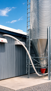 FLEX-AUGER feed delivery system connecting a feed bin to a livestock barn