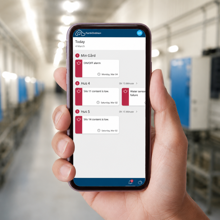 SKOV FarmOnline+ mobile app displaying poultry farm alerts and monitoring data