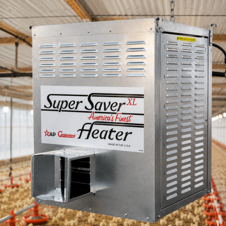 AP Super-Saver XL poultry forced air heater installed in a poultry barn