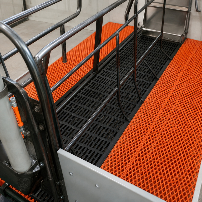 DuraTrac livestock flooring system with black slatted section