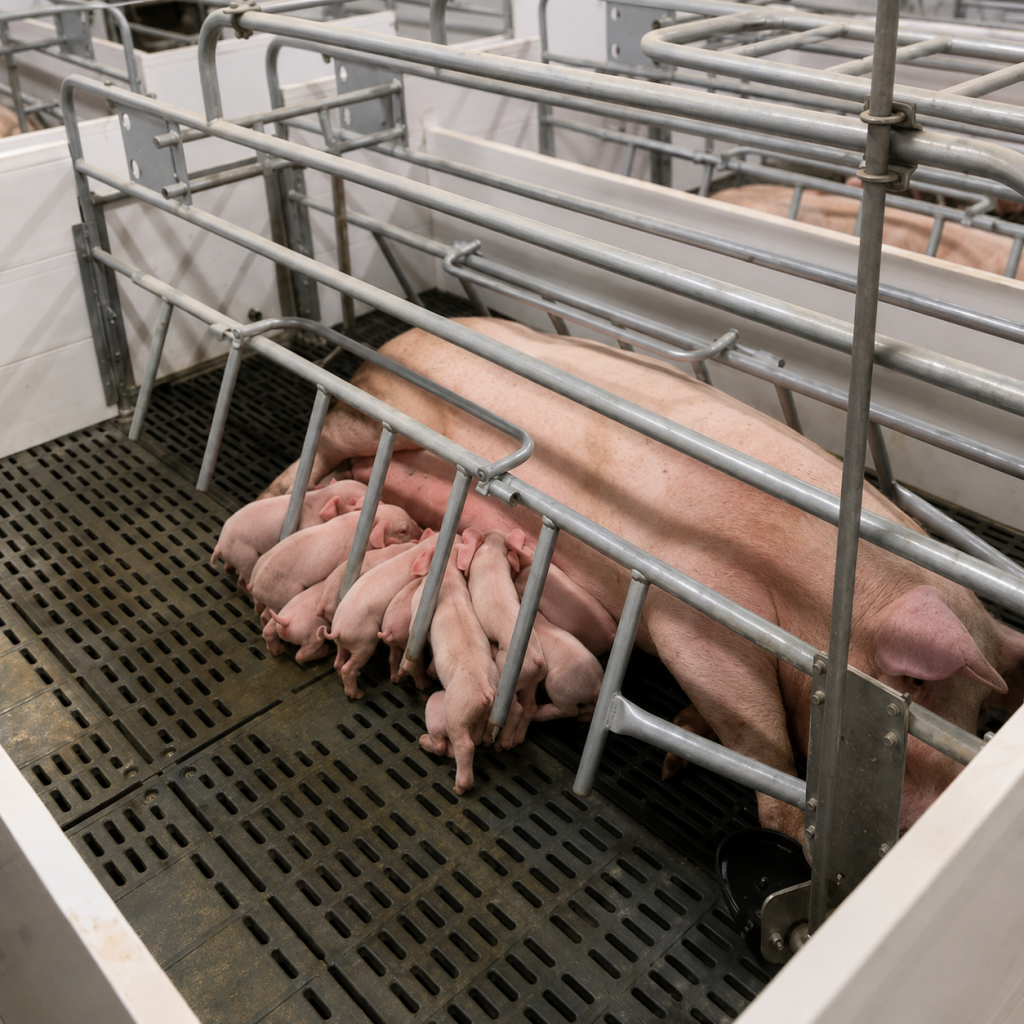 Integra flooring with sow and piglets in farrowing pen