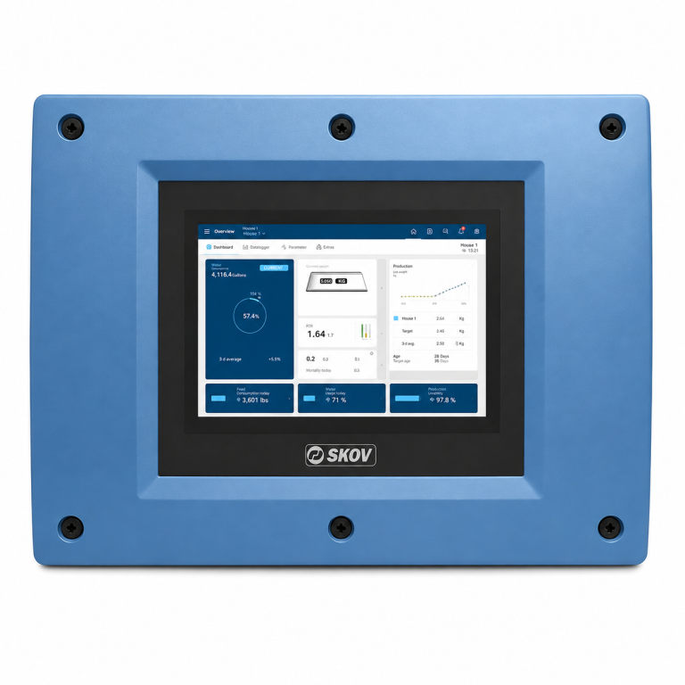 SKOV BlueControl Production Controller with touchscreen for poultry production management