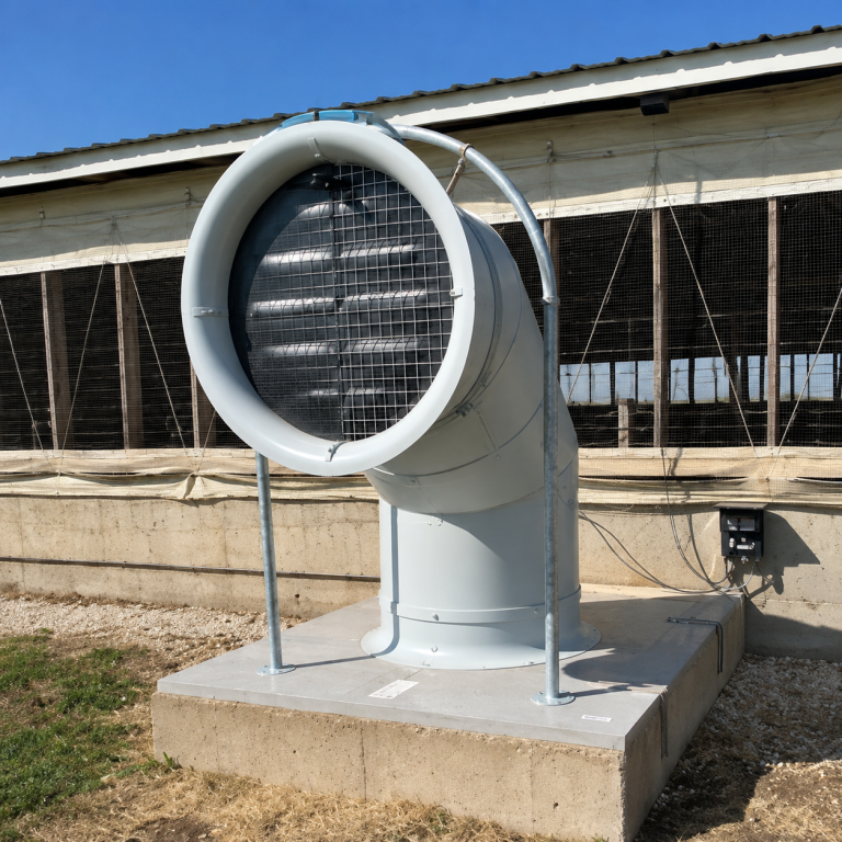 SKOV pit fan installed outside a livestock barn for deep-pit ventilation.