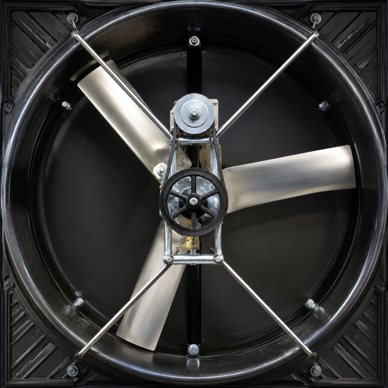 Close-up of Cumberland Mega Flow 58C 58 inch fiberglass poultry exhaust fan with durable fan blades and motor assembly