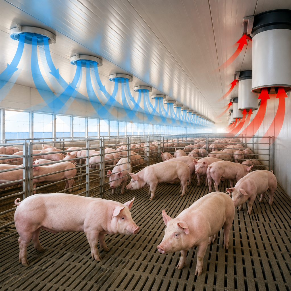 Pig ventilation system showing fresh air entering and stale air exiting a modern pig barn