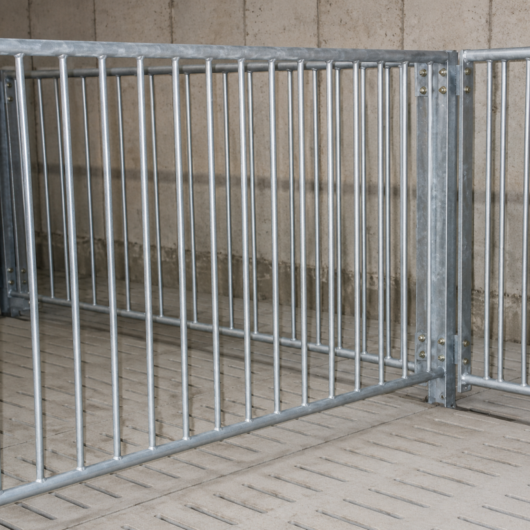 Galvanized spindle pig penning system with vertical steel bars in a swine barn