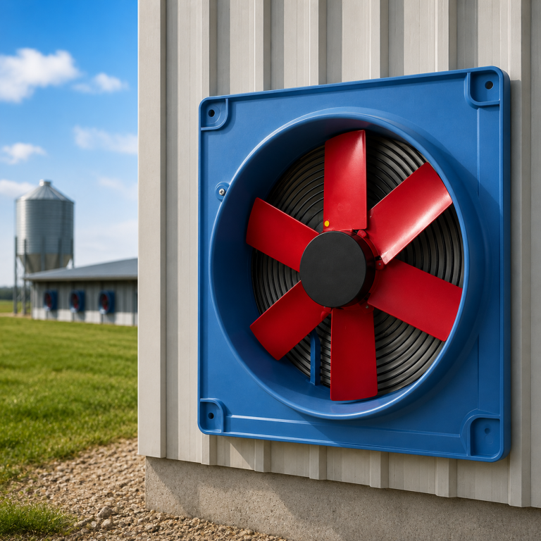 Multifan Q direct drive livestock exhaust fan mounted on an agricultural building
