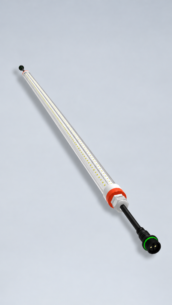 CBM V-Shape Full Spectrum LED Tube with transparent housing, visible LED strips, orange end cap and black electrical connector.