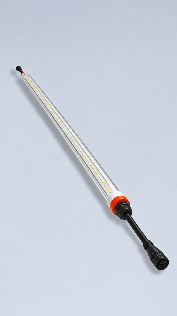 CBM Red & White LED Tube light shown diagonally with visible LED chips, orange end fittings and a black electrical connector.