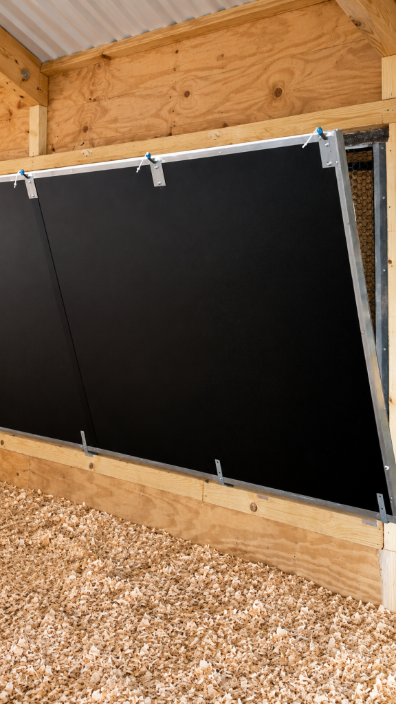 Cumberland Inside Tunnel Doors with black insulated panels, aluminum framing and metal mounting brackets installed in a poultry barn wall.