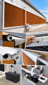 Cumberland Komfort Kooler evaporative cooling system showing poultry barn cooling pads, water distribution piping, mounting hardware and pump options.