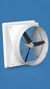 Exacon EC Direct Drive Wall Fan with white fiberglass housing, metal fan blades and circular protective grille against a blue background.