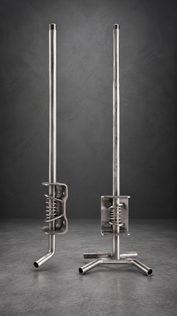 Two HogFlo adjustable height drinker pipes with metal mounting brackets, spring mechanisms and different outlet configurations for swine watering systems.