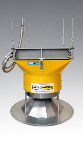 LANDMECO Calori-Air poultry heating unit with yellow housing, galvanized metal components, flexible hoses and circular air distribution outlet.