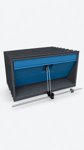 SKOV DA 1200 Wall Inlet with graphite-grey housing, blue adjustable air flap and metal pull-rod mechanism for barn ventilation.