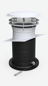 SKOV DA 60-820 Roof Inlet with white weather cap, grey ventilation louvers, black cylindrical housing and metal control linkage.