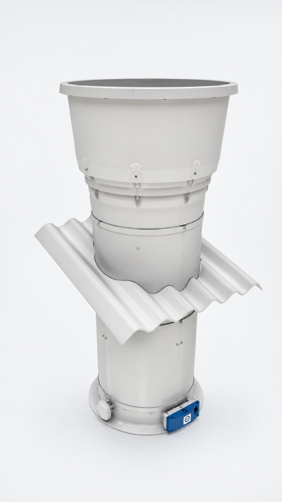 SKOV agricultural ventilation chimney with a wide circular exhaust opening, cylindrical housing, corrugated roof flashing and blue control box.
